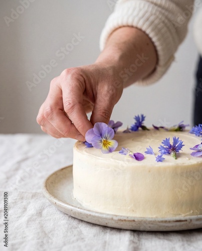 Hand placing edible pansy flower on buttercream cake macro fine dining patisserie
