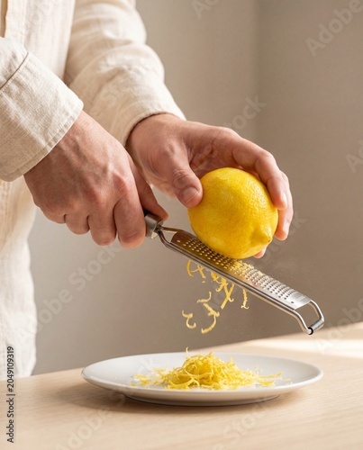 Hand zesting fresh lemon with microplane over plate macro cooking detail culinary