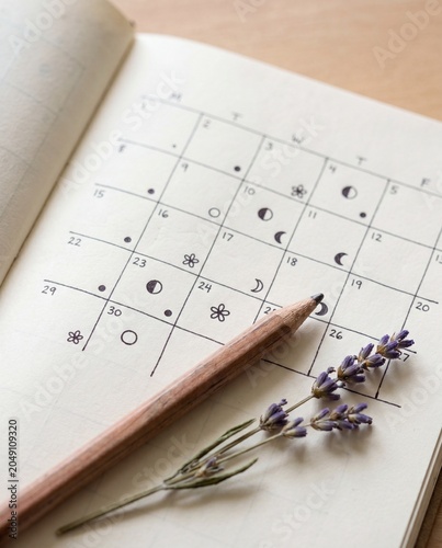 Menstrual cycle tracker journal open page with symbol marks femtech women health