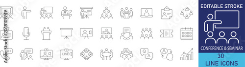 Foto Conference and business seminar line icon set