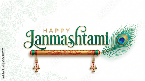 Elegant Janmashtami typography with flute and peacock feather for festive greeting and branding