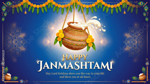 Traditional dahi handi hanging decoration for Janmashtami celebration greeting banner and festival promotion