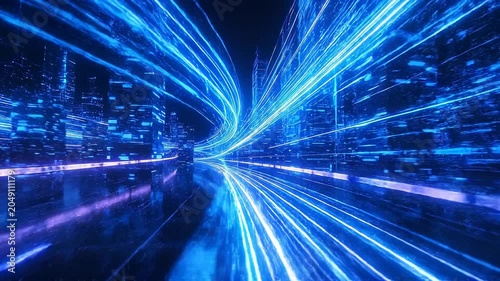 Abstract blue light trails speed through futuristic cityscape at night