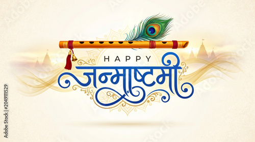 Elegant Janmashtami typography with flute and peacock feather for festive greeting and branding