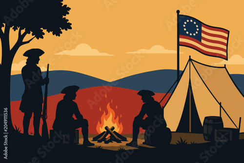 Bild auf Leinwand Civil war soldiers resting by campfire with flag at sunset