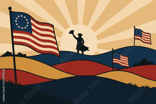 Revolutionary soldier raising flag on hill at sunset