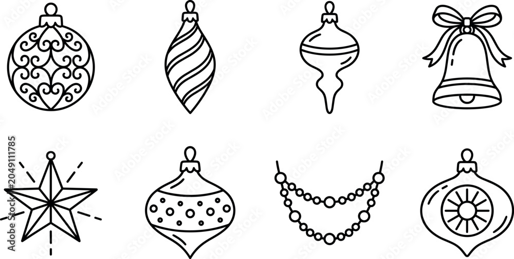 Fototapeta premium Christmas ornaments line art collection with baubles stars bells and decorative garlands.
