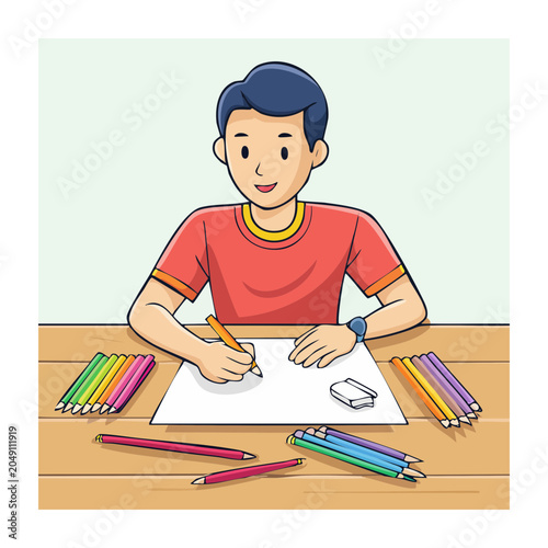 Young boy drawing with colored pencils at a table