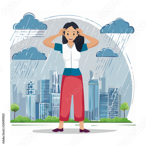 Woman stressed in city rain