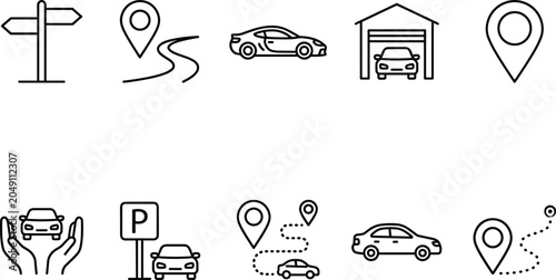 Slika na platnu Modern linear iconography set representing navigation road travel car maintenance and vehicle management