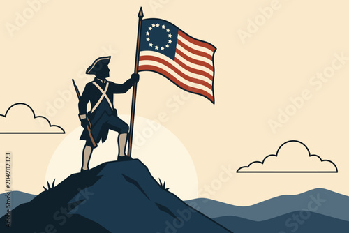 Foto Revolutionary soldier holding flag on mountain peak