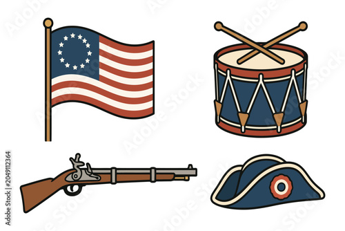 Foto Vintage american revolution illustration set with flag, drum, musket, and hat