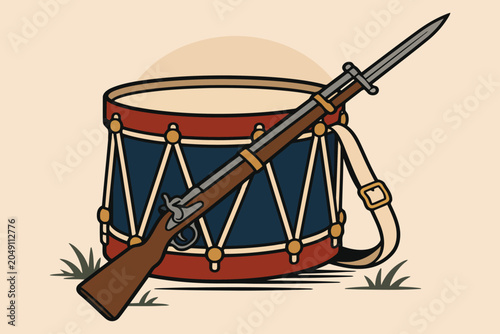 Foto Vintage drum with sword and rifle illustration