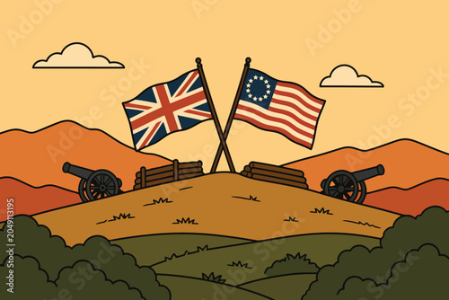 British and american flags on battlefield hilltop with cannons