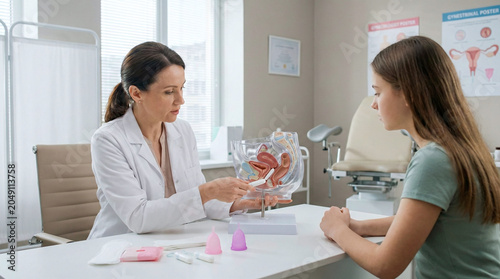 Gynecologist explaining female reproductive system model and menstrual products to young patient