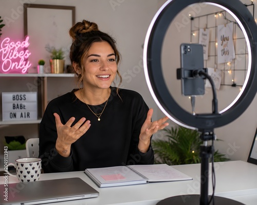 Young woman vlogging and creating content with ring light and camera setup in a well-lit home office