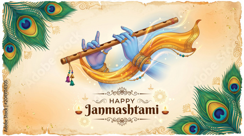 Sacred Krishna flute with peacock feathers for Janmashtami celebration greeting card and festive branding