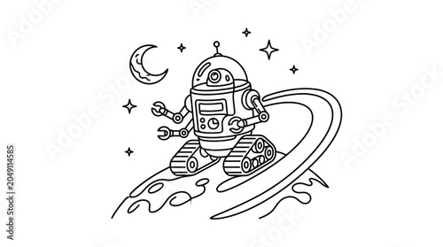 Cute robot explorer on alien planet landscape line art illustration with sci
