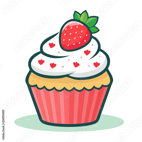 Flat design illustration of a strawberry cupcake with hearts