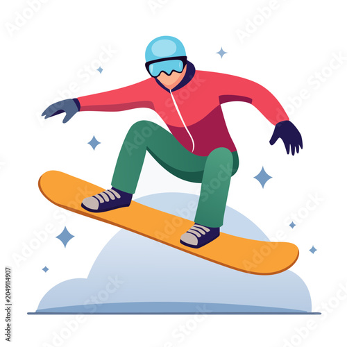 Flat design illustration of a snowboarder in action