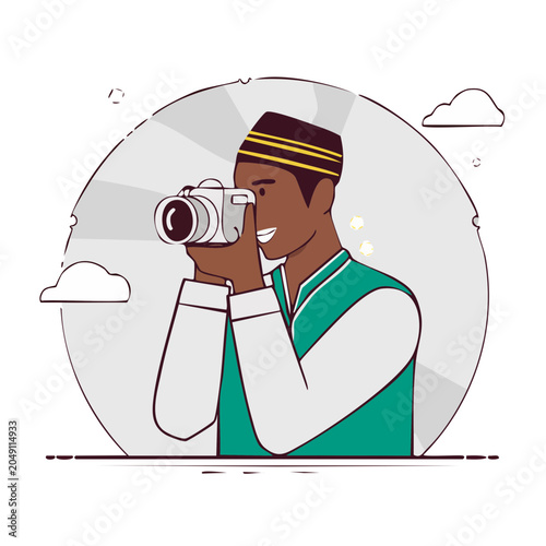 Man in traditional hat taking a photo with a camera