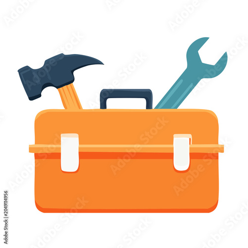 Orange toolbox with hammer and wrench, flat design