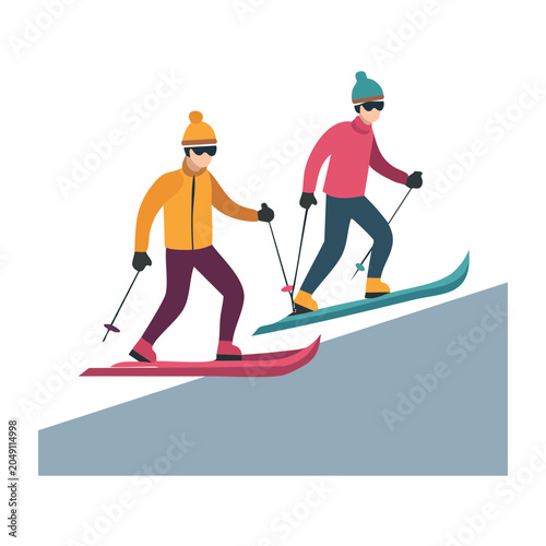 Two skiers descending a slope in flat design style