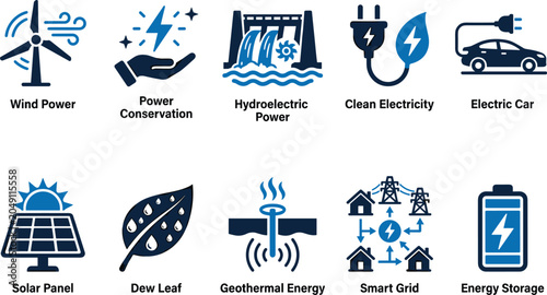 Photos Professional set of green energy vector icons with clear text labels describing various power sources used