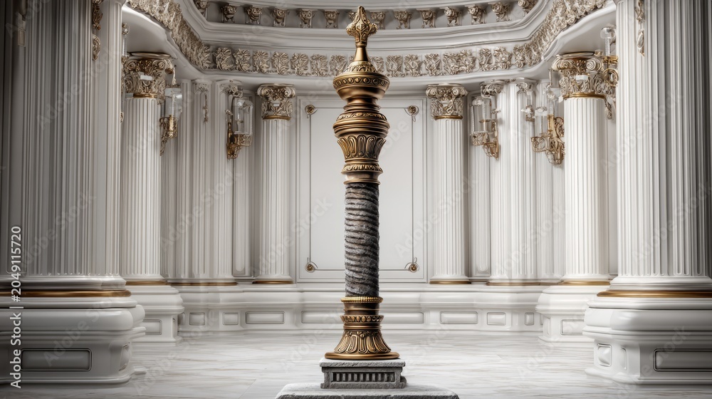 Fototapeta premium Elegant Scepter Displayed on a Pedestal Inside a Grand Architectural Space