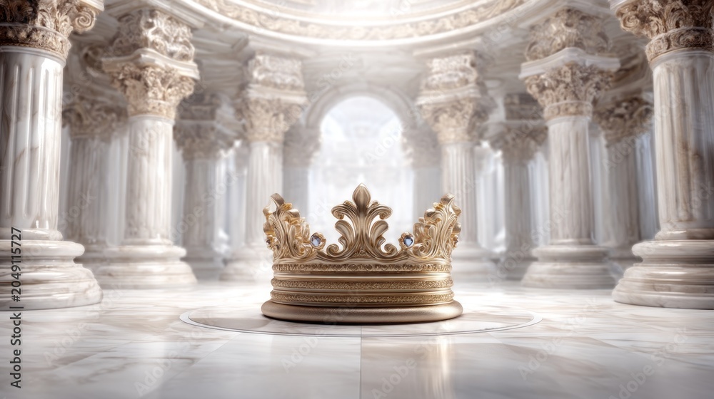 Fototapeta premium Golden Crown Placed at Center of Ceremonial Chamber with Elegant Architecture