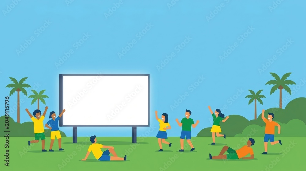 Fototapeta premium Fans celebrating outdoor football match on big screen in tropical park
