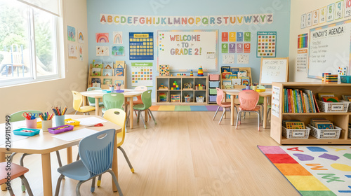 Empty modern preschool classroom with educational materials and school supplies, AI generated.