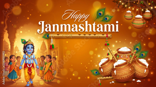 Joyful baby Krishna with butter pots and flute for Janmashtami festival greeting banner design