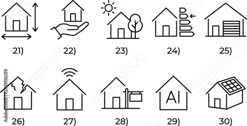 Real estate house line icons set featuring smart home technology energy efficiency and property sales sign.