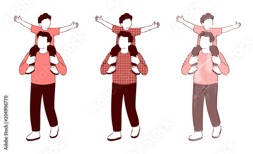 flat halftone scribble illustration set of father carrying child on shoulders for father's day background