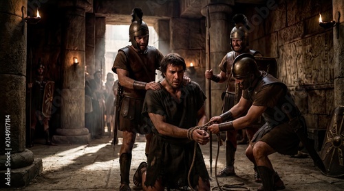 Samson Realizing Loss of Strength Philistine Soldiers Capturing Biblical Hero Dramatic Betrayal Emotional Turmoil Ancient Conflict