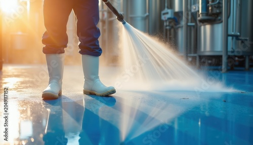 Worker in boots pressure washes floor in factory. Powerful water jet cleans industrial area. Bright sun rays reflect on wet blue surface. Hygiene maintenance.