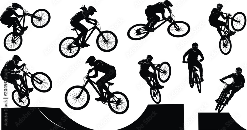 Obraz premium BMX rider silhouettes performing freestyle tricks and stunts vector