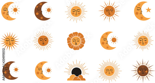 Schilderij op canvas Boho celestial sun and moon icons, esoteric mystical set, sleeping faces, astrol