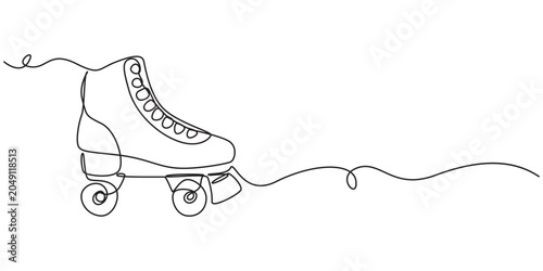 Foto Single continuous line drawing pair of vintage, retro quad roller skates icon logo symbol