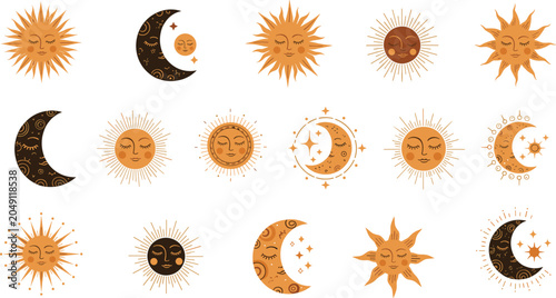 Foto Boho ethnic celestial sun and moon icons, mystical cosmic set, sleeping faces, a