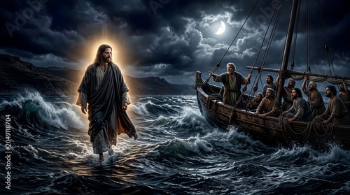 Jesus Christ Walks on Turbulent Water His Disciples in a Boat Witnessing the Amazing Miracle