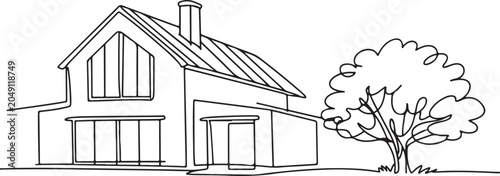 Line Drawing Of Modern Single Family Residential House Contemporary Home Exterior Architecture Illustration