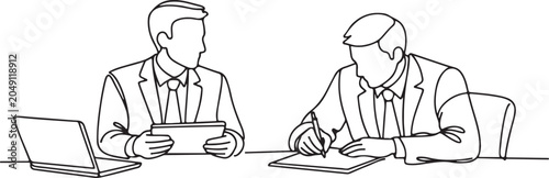 Line Drawing Of Two Businessmen In Meeting Corporate Discussion Partnership Collaboration Illustration