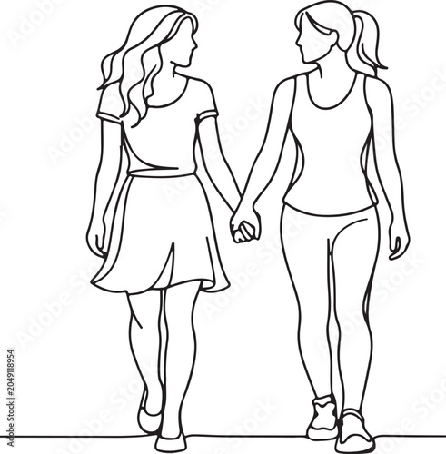 Line Drawing Of Two Women Walking Holding Hands Friendship Relationship Lifestyle Illustration