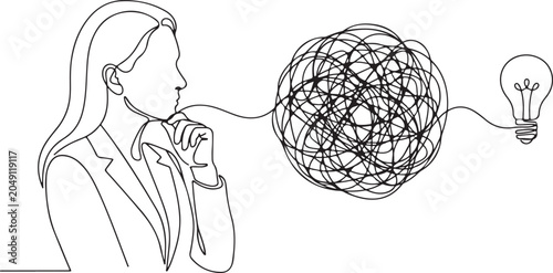 Line Drawing Of Young Woman Collecting Her Thoughts Mindfulness Reflection Concept Illustration