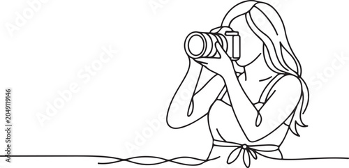 Line Drawing Of Young Woman Taking Pictures With DSLR Photography Creative Hobby Illustration