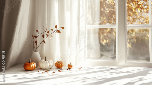 Cozy Autumn Window Scene with Pumpkins and Morning Sunlight