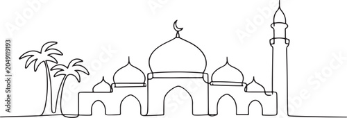 Minimalist Mosque Line Drawing Illustration For Islamic Architecture Religious Building Outline Art Design