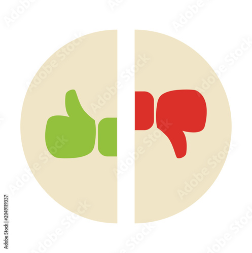 Minimal like and dislike concept with thumbs up and thumbs down icons in split circular layout.